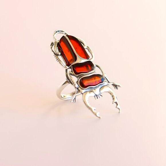 USA Ring Certified Natural Black Amber Authors Design  Baltic Cherry Amber Ring -Sterling Silver Scarab Adjustable Ring